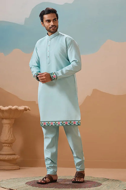 Stylish Sky Color Mens Koti Kurta Set Collection