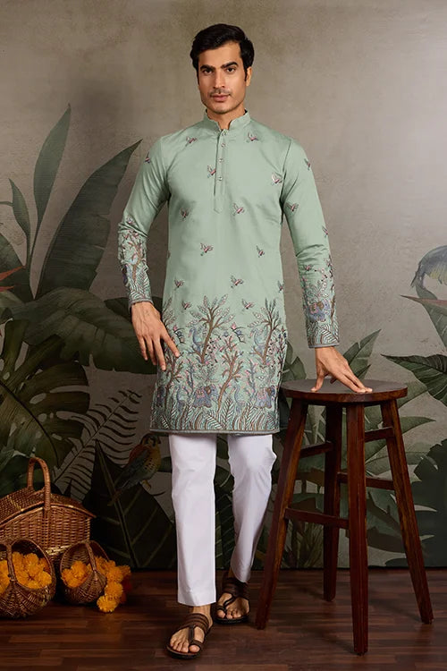 Embroidered Pista Green Wedding Kurta for Mens