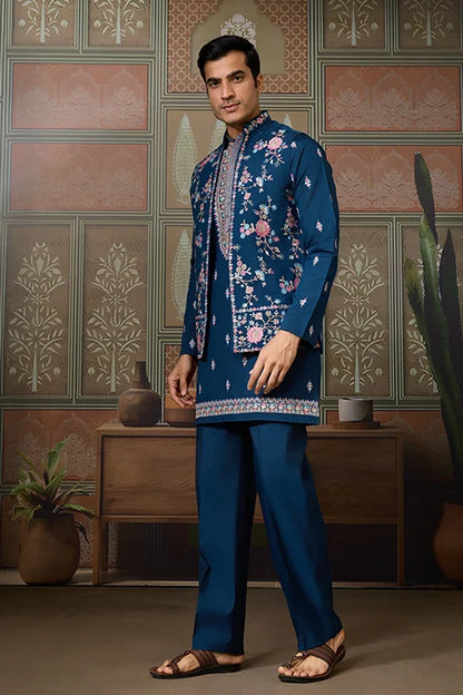Modern Teal Blue Open Koti Kurta Set for Men