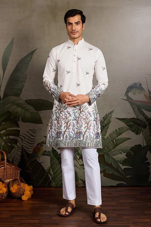 White Embroidered Work Kurta for Groom Wedding Look