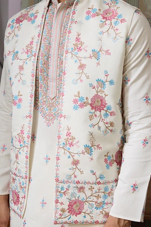 Ethnic White Embroidered Koti Kurta Set for Men