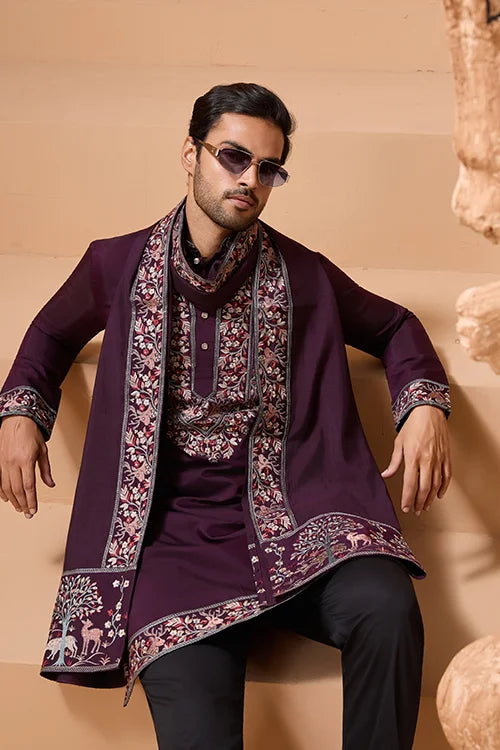 Ethnic Look Purple Kurta with Dupatta Mens Wear Special