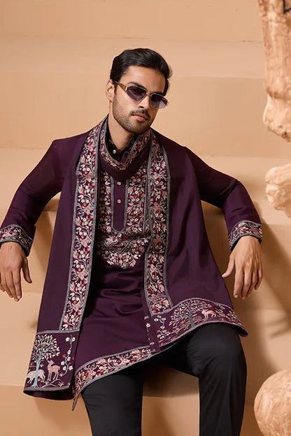 Ethnic Look Purple Kurta with Dupatta Mens Wear Special