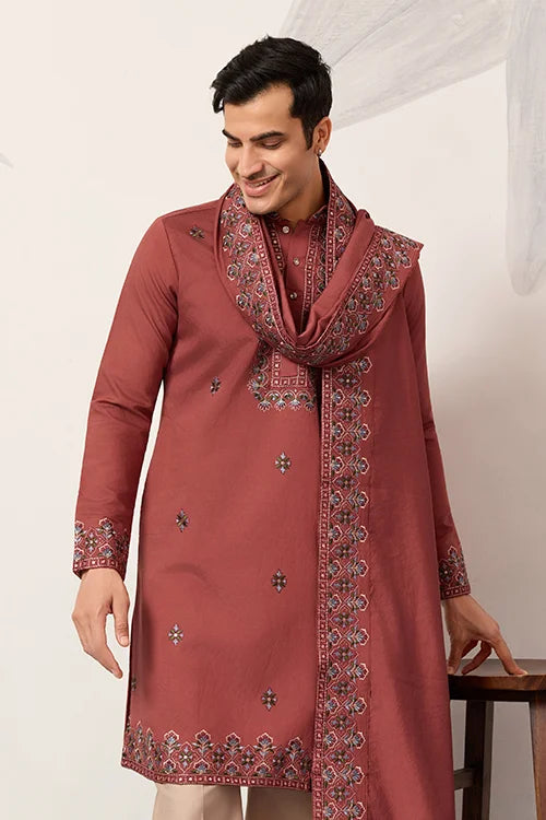 Luxury Royal Look Orange Kurta With Dupatta For Mens Collection