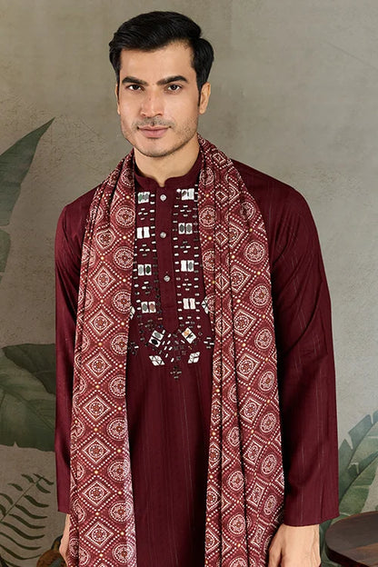 Traditional Maroon Mirror Embroidered Kurta with Dupatta