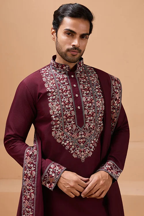 Latest Signature Maroon Kurta and Dupatta for Mens Wear