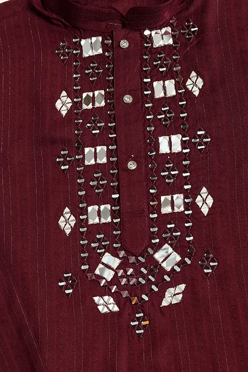 Traditional Maroon Mirror Embroidered Kurta with Dupatta