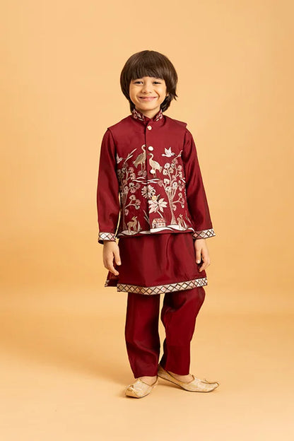 Kids Wedding Special Maroon Koti Kurta Set Outfit