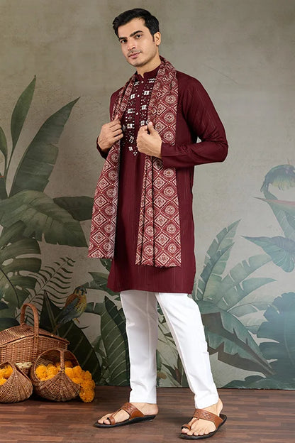 Traditional Maroon Mirror Embroidered Kurta with Dupatta