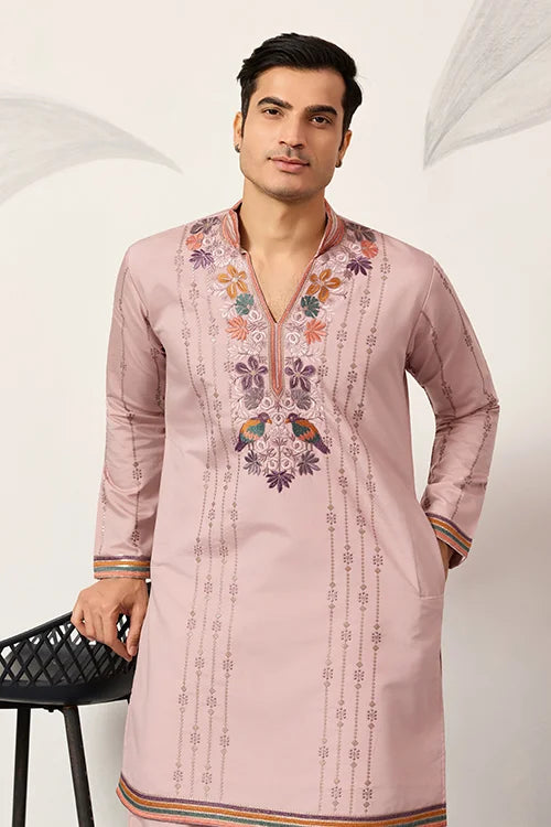 Classic Pink Embroidered V Neck Kurta Pant Outfit For Mens Wear