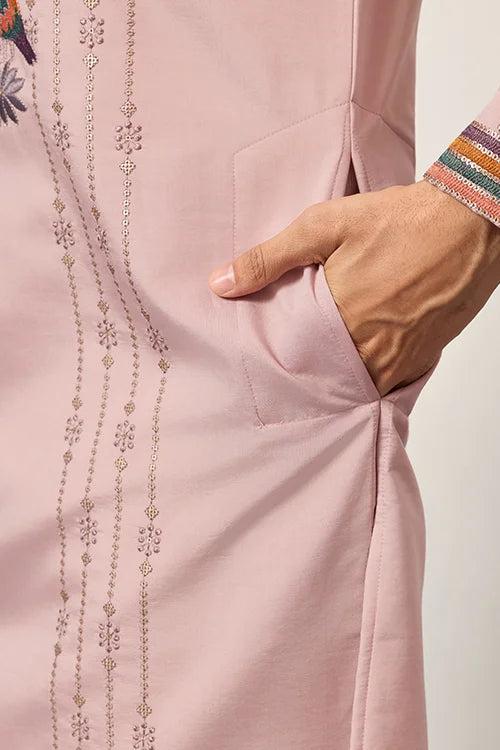 Classic Pink Embroidered V Neck Kurta Pant Outfit For Mens Wear