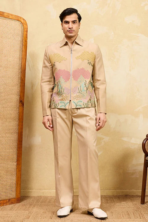 Premium Beige Bomber Jacket Set Special Mens Wear