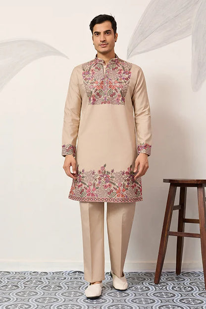 Beige Color Kurta Pant Set For Mens Traditional Outfit