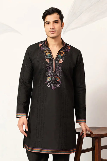 Party Wear Black V Neck Style Kurta Pant For Mens Wear