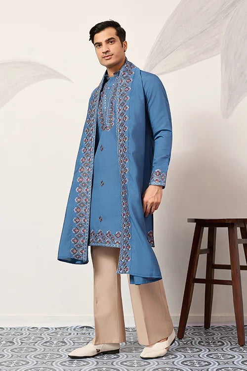 Wedding Royal Look Blue Kurta With Dupatta For Mens Wear