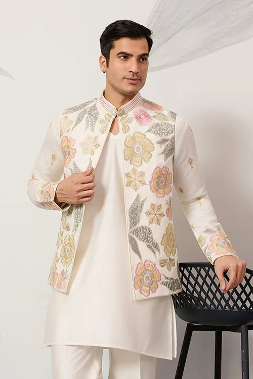 Carnival Function White Koti Kurta Pair For Mens Wear