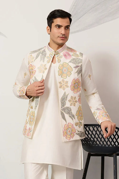 Carnival Function White Koti Kurta Pair For Mens Wear