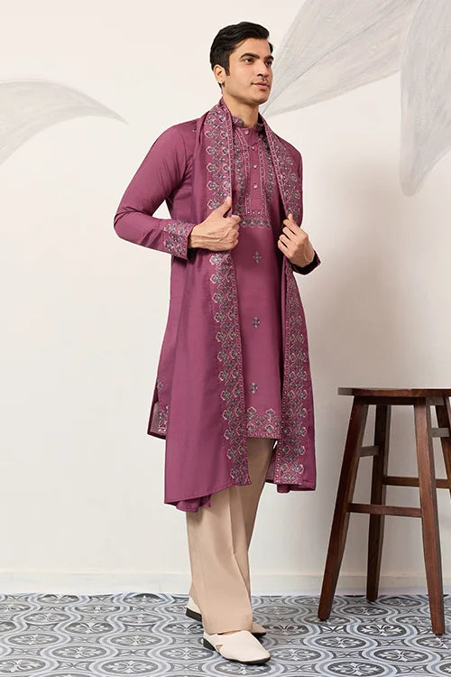 Trendy Pink Color Kurta With Dupatta For Mens Wear