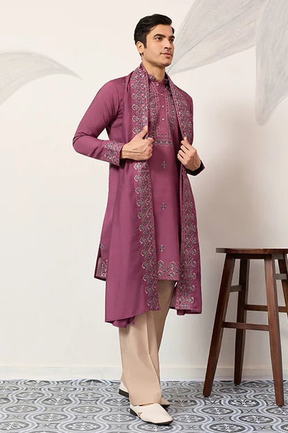 Trendy Pink Color Kurta With Dupatta For Mens Wear