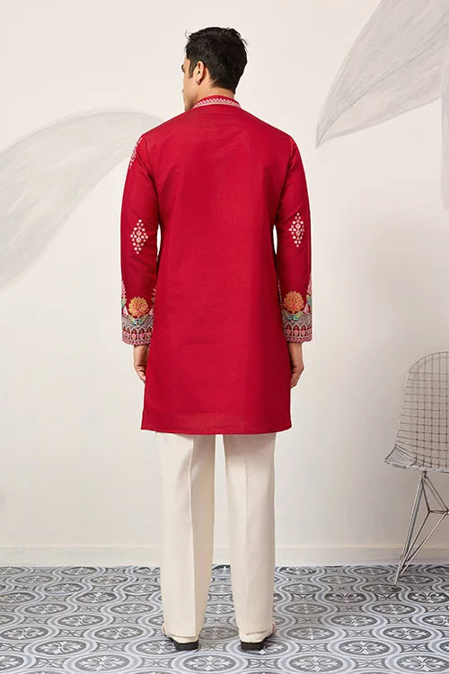 Unique Style Red Color Embroidered Kurta For Mens Wear