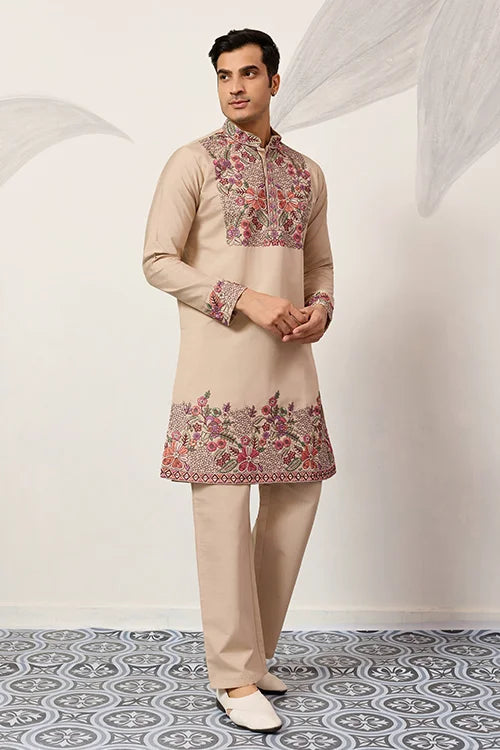 Beige Color Kurta Pant Set For Mens Traditional Outfit