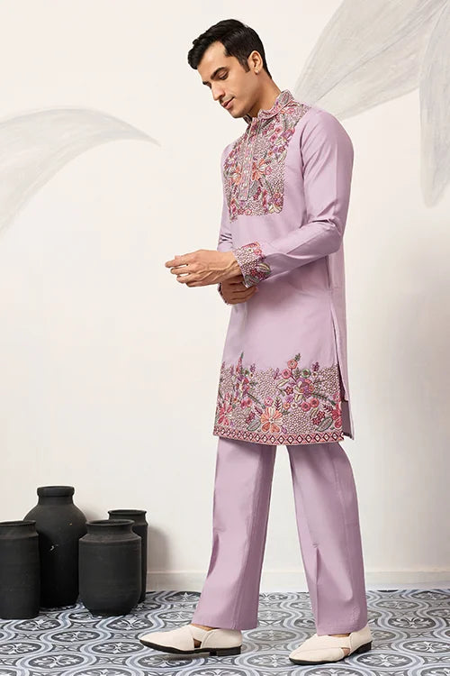 Lavender Kurta Pant Set For Traditional Mens Fashion