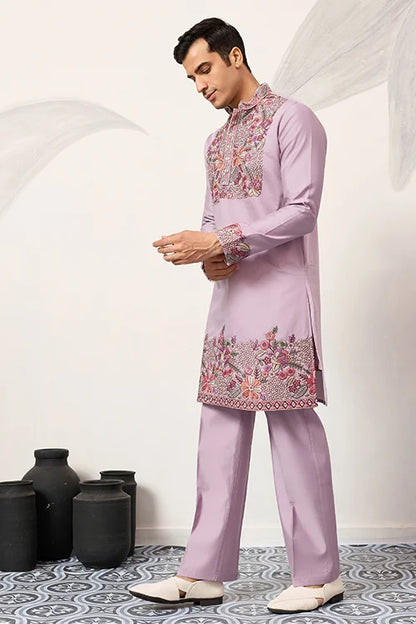 Lavender Kurta Pant Set For Traditional Mens Fashion
