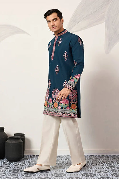 Indian Wedding Style Exclusive Teal Blue Kurta For Mens