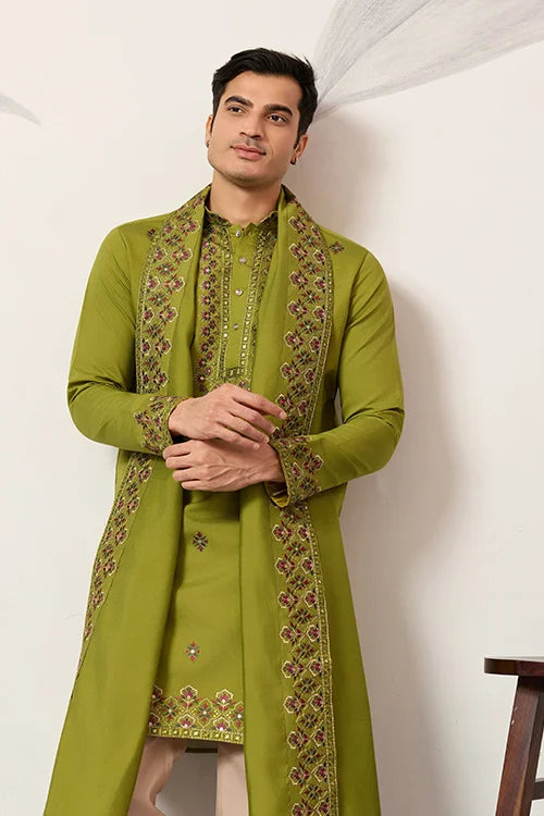 Classic Wedding Fluorescent Green Mens Wear Kurta With Dupatta