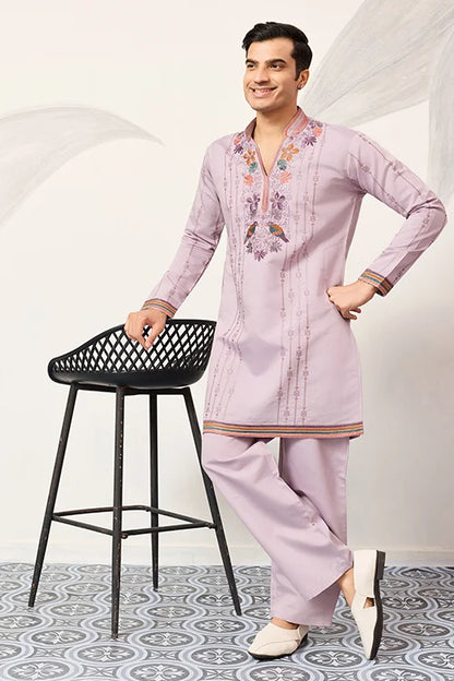 Royal Look Lavender V Neck Kurta Pant For Mens Wear