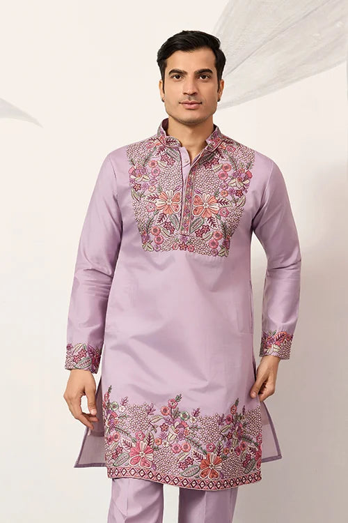 Lavender Kurta Pant Set For Traditional Mens Fashion