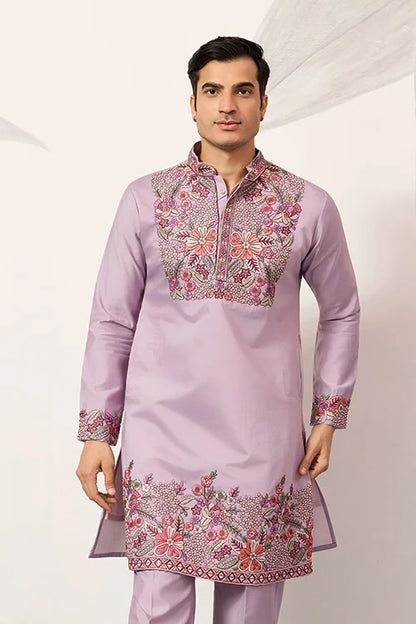 Lavender Kurta Pant Set For Traditional Mens Fashion