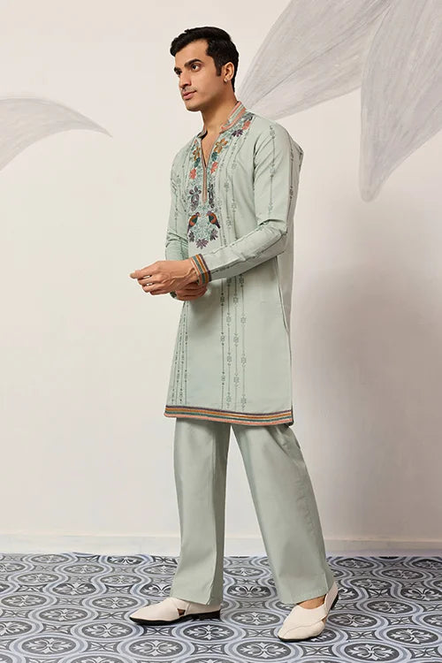 Ethnic Pista V Neck Kurta Pant Set For Mens Wear