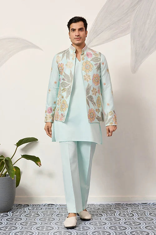 Luxury Wedding & Carnival Wear Pista Green Koti Kurta For Men