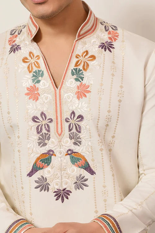 Luxury White V Neck Kurta Pant For Festive Wear