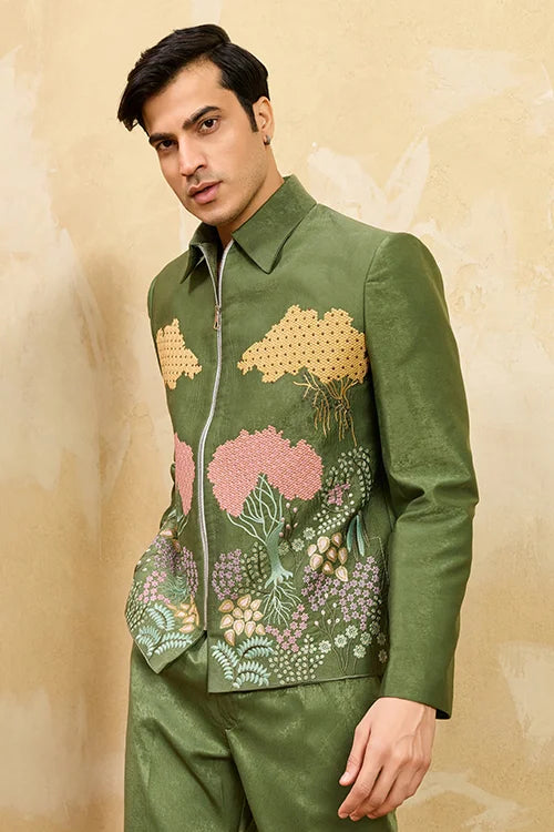 Regal Green Bomber Jacket With Thread Work And Pant For Mens