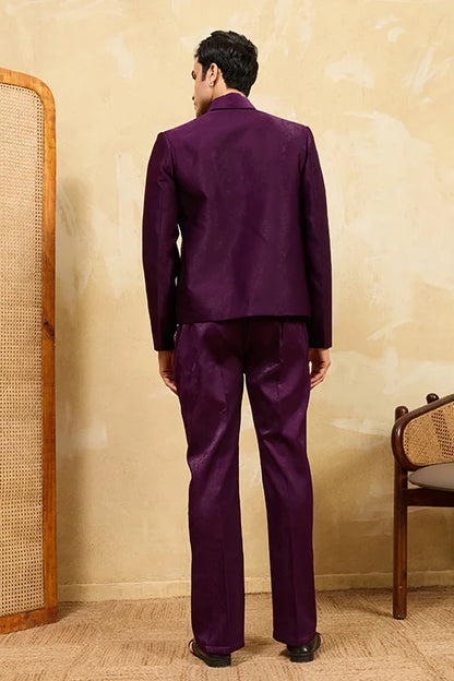 Wine Embroidery Bomber Jacket With Matching Pants For Mens Wear