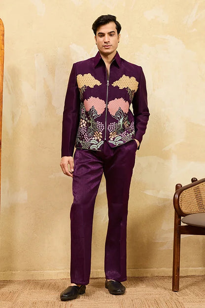 Wine Embroidery Bomber Jacket With Matching Pants For Mens Wear