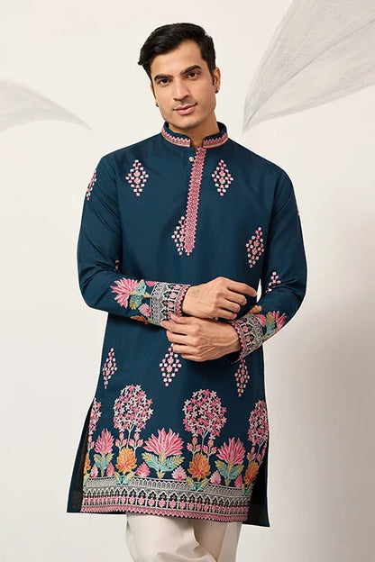 Indian Wedding Style Exclusive Teal Blue Kurta For Mens