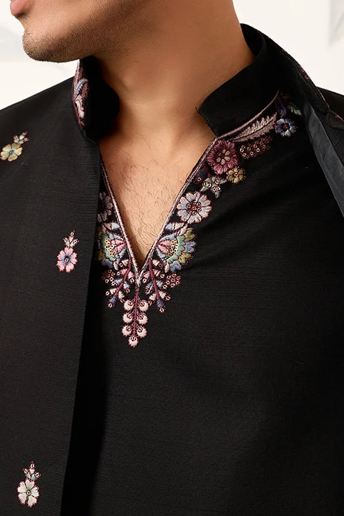 Wedding Special Black Koti Kurta With Pant For Mens Wear