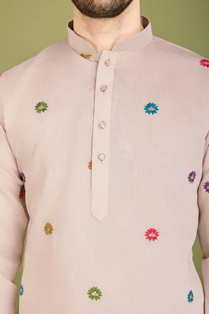 Ivory Viscose Silk Men's Kurta With Thread Work