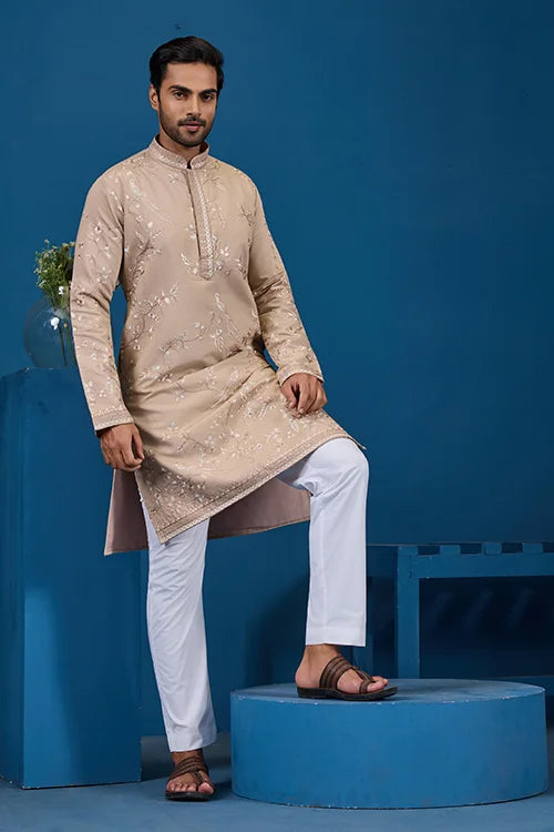 Elegant Beige Embroidered Viscose Silk Kurta for Mens