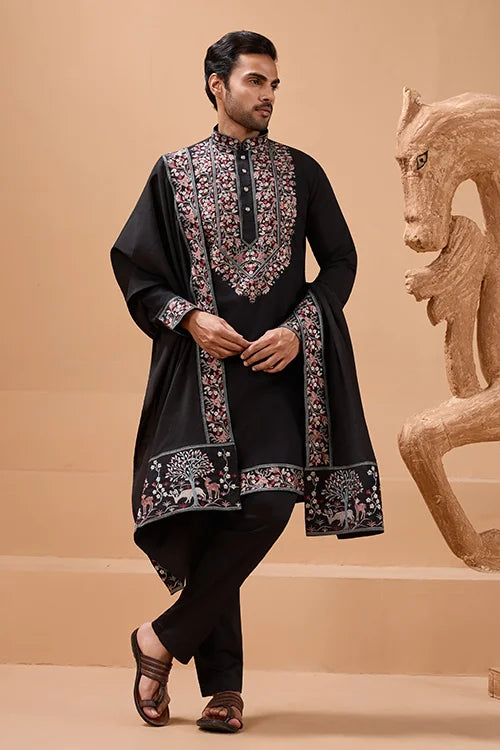 Luxury Wedding Look Black Kurta with Dupatta for Mens Wear