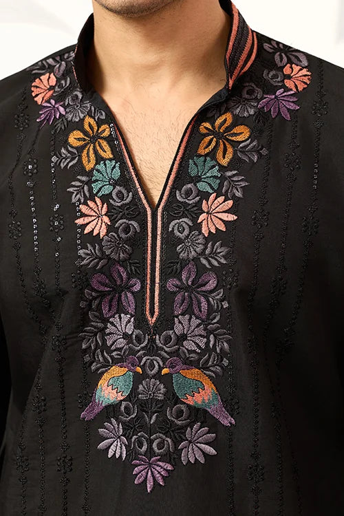 Party Wear Black V Neck Style Kurta Pant For Mens Wear