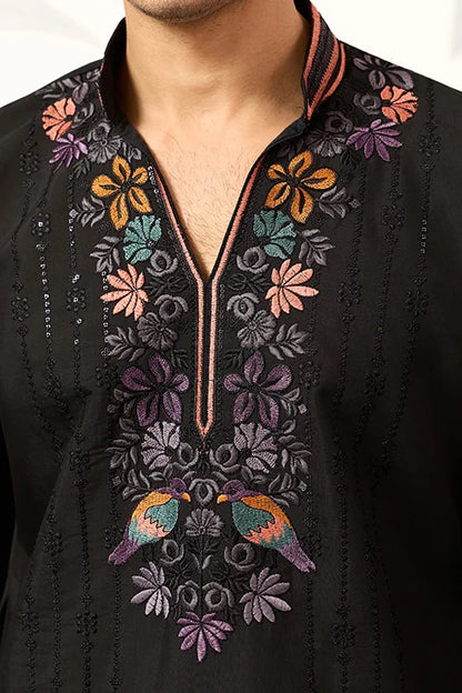 Party Wear Black V Neck Style Kurta Pant For Mens Wear