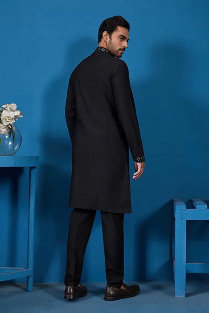 Classy Black Mirror Kurta Pant Wedding Outfit for Mens
