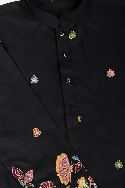 Black Color Cotton Embroidered Kurta For Men