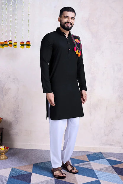 Real Mirror Work Navratri Special Black Color Mens Wear Kurta Collection