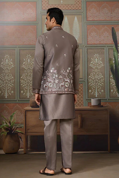 Grey Embroidered Koti Kurta Set for Mens Wear