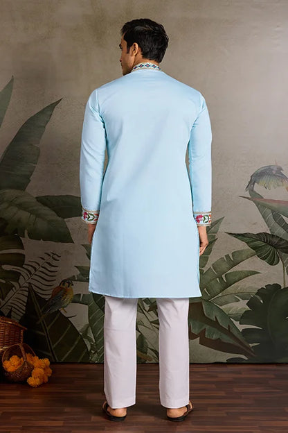 Premium Sky Blue Embroidered Mens Kurta For Celebrations